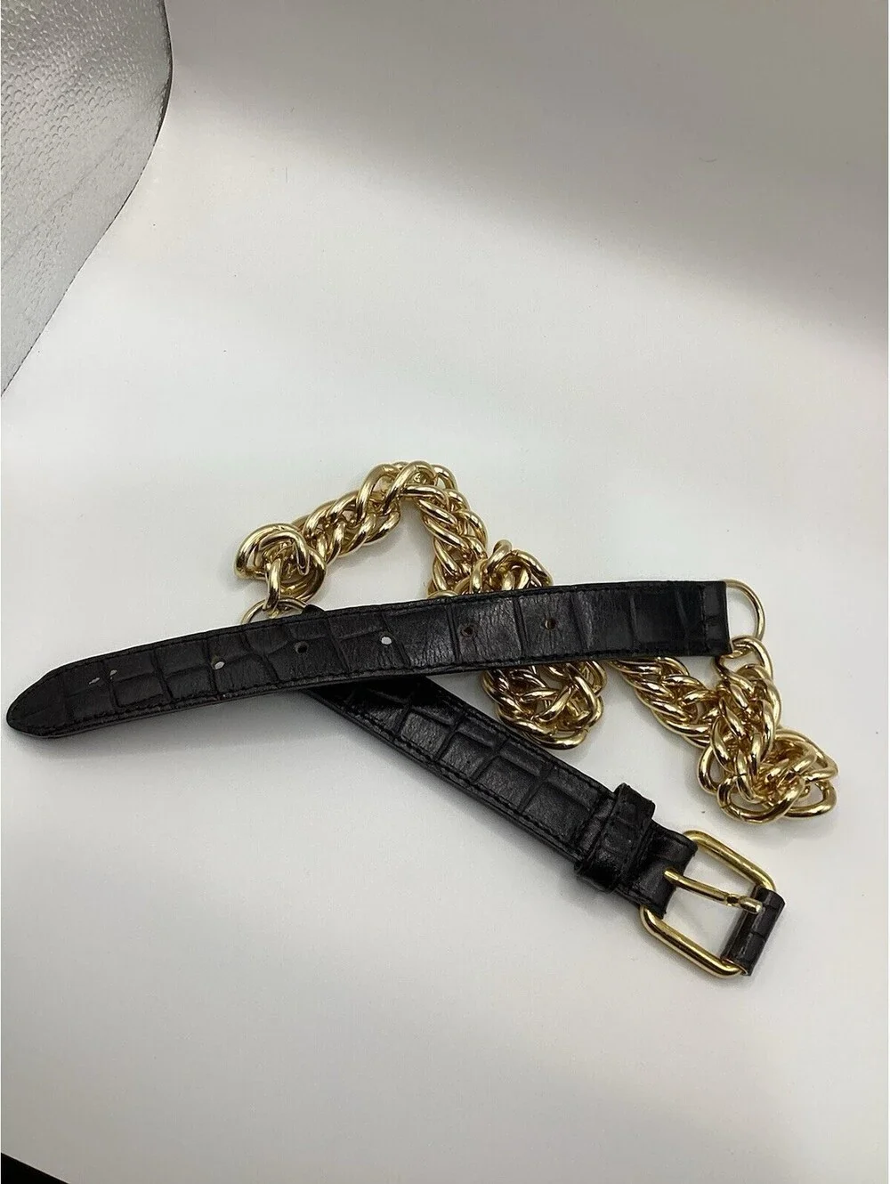 Axcess Black Croc Embossed Leather Gold Chunky Chain Belt Made in Italy Medium